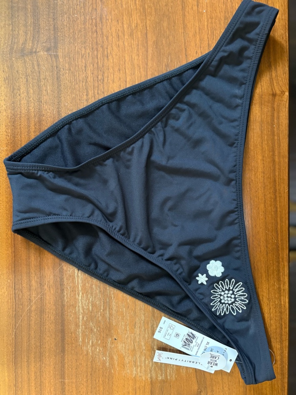 Celebrity Pink Swim Black Bikini Bottom Womens X-Large Embroidered Flower